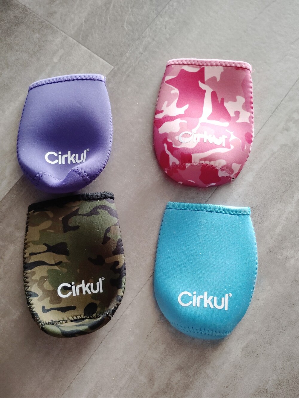 Cirkul Neoprene Bottle Sleeves Lot of 4 Blue Purple Pink Camo & Green Camo